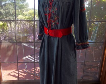 Embroidered denim dress front lace up peasant dress