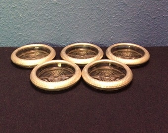 Vintage Hammered Aluminum and Glass Coasters, Set of Five