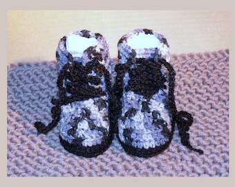 3 Month Baby Crocheted Camo/Army & Black Combat Boots 11cm Sole