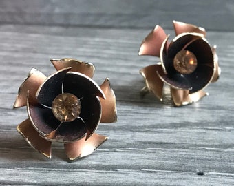 Vintage Copper Colored Flower Earrings, Clip On Earrings, Coro Signed Earrings, Coro Clip On Earrings, Flower Clip On's, Gifts For Her, 1960