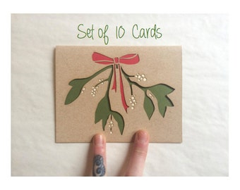 Christmas Card Set of 10: Mistletoe Cards--Christmas Cards--Laser cut card set