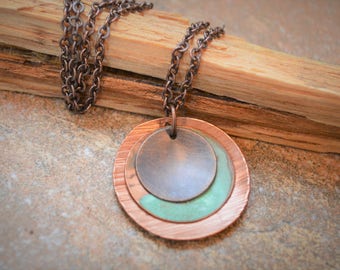Hammered Copper Necklace, Copper Patina Necklace, Antique Copper Necklace, Copper Metal Necklace, Rustic Copper Necklace, Aqua Necklace