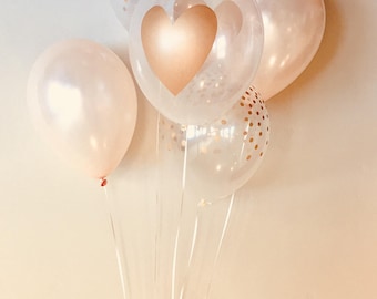 Gold Heart Balloons, 11" Pkg 6, 12, Blush, Clear Latex with Gold Heart, latex, bridal shower, love decoration, wedding, bachelorette