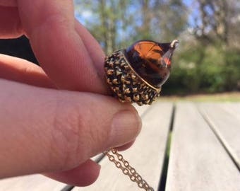 Glass Amber Acorn Pendant Necklace Antique Gold plated Long Statement, Autumn