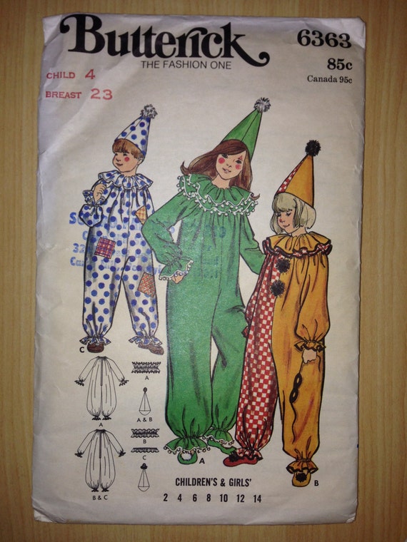 Butterick 6363 or 5105 70's Sewing Pattern Children's Harlequin Clown Costume Size 4 or 8