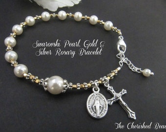 Swarovski Pearl, Gold and Silver Rosary Bracelet