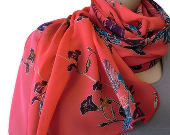 Eastern Sunset long chiffon scarf Far eastern floral print -Parisian Neck Tissu
