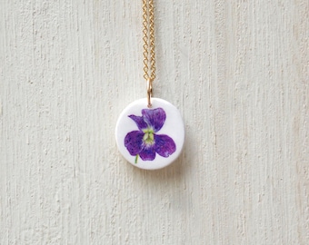 Violet necklace, violet pendant, purple necklace, wildflower necklace, flower necklace, floral necklace, dainty necklace, tiny necklace