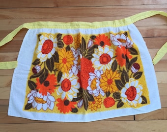 Vintage 1960s Yellow Orange Floral Terry Cloth Half Apron!
