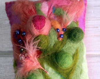 Pink feathery seed pods needle felted beaded hanging cushion
