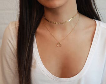 Moon Choker Necklace • Upside Down Moon Necklace • Delicate Gold Crescent or Horn Necklace