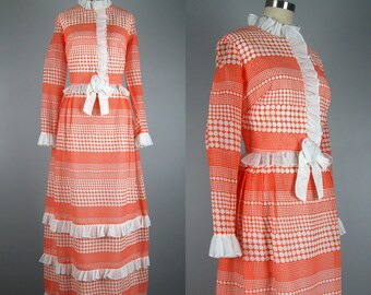 Vintage 1970s Dress 70s Orange and White Polka Dot Maxi Dress by Miss Elliette Size M