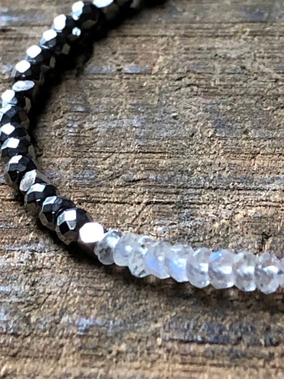 Rainbow Moonstone & Silver Pyrite Ombré Bracelet, Polished Rainbow Moonstone, Silver Pyrite Bead, Crystal Healing Bracelet, Female Energy