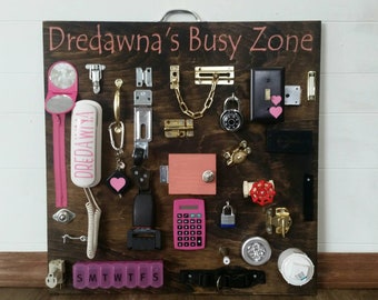 Ultimate busy board *stained girl style* personalized-toddler busy board-everything included - stained backround-pink added girly work zone