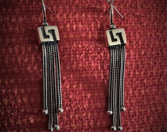 Ancient Greek Meander Drop Earrings Sterling Silver 925 With Byzantine Chains
