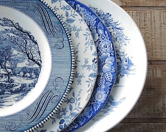 Mismatched Blue and White Dinner Plates for Weddings Set of 4 English Blue Transferware English China, Rustic Replacement China