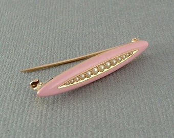 10K Solid GOLD Antique Victorian PEARL Brooch, Pink Enamel PEARL Pin, Victorian Seed Pearl Jewelry, Larger Size, Gift for Her
