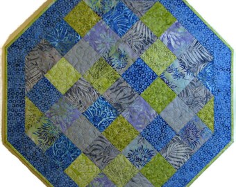 Spring Quilted Table Topper, Batik Patchwork Octagon Table Topper, Blue Violet Grey Green Table Mat, Quiltsy Handmade