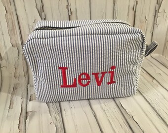 Blue Seersucker Preppy Personalized Monogram Cosmetic Toiletry Bag