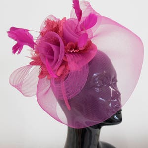 Big Fuchsia Hot Pink Fascinator Hat Veil Net Hair Clip Ascot Derby Races Wedding Headband Feather Flower