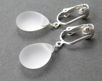 Frosted Clear Glass Drop Clip-on Earrings, Silver Ear Clips, Matte Glass Teardrop Earrings for Non Pierced Ears, Simple Clipons, Iced Drop