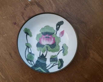 Porcelain and Brass Bowl, Decorative Bowl with Lotus Flower Design, Asian