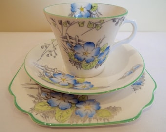 Vintage Melba Tea Cup and Saucer, Blue and White with Pretty Blue Primroses. Teacup and Cake Plate Trio, Perfect For An Afternoon Tea Party