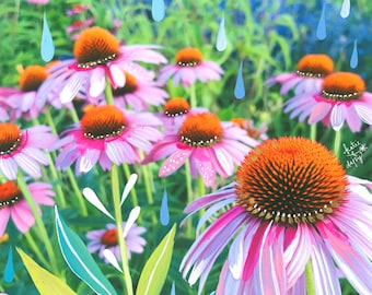 Purple Coneflowers Art Print | Mixed Media Painting | Floral Photograph | Katie Daisy | 8x10 | 11x14