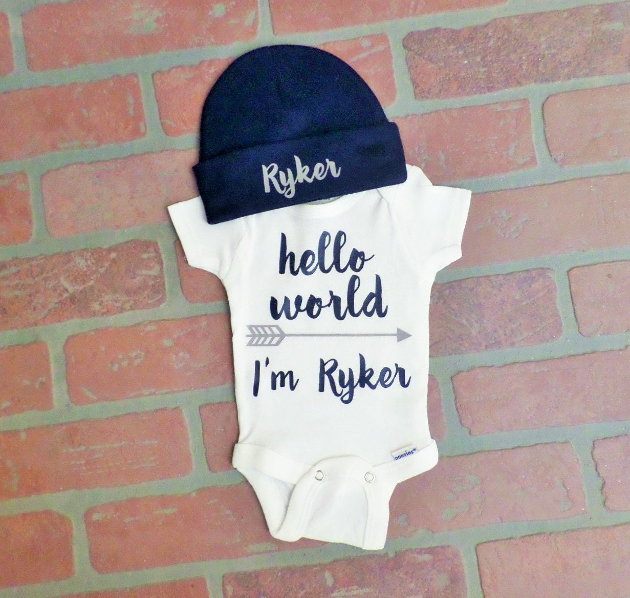 Personalized Boy's Hello World Onesie With Navy Beanie Hat