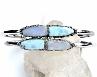 Raw Larimar Jewelry, Rainbow Moonstone Jewelry for Her, Boho Crystal Cuff, Blue Larimar Stone, Rough Jewelry, Natural Birthstone Gemstone