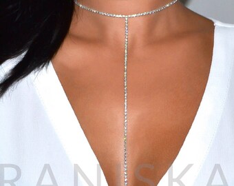 BETINA Set Double T Drop Diamante Choker Necklace Rhinestone Choker Necklace Sparkle Crystal Choker Silver Necklace Prom
