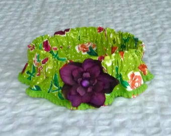 Dog Ruffle Collar, Pet Bandana, Flowers and Dragonflies Dog Scrunchie Collar with eggplant delphinium - Size L: 16" to 18" neck