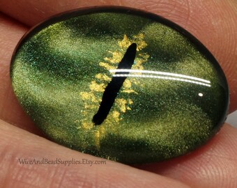 Green Dragon Eye Glass Eye Cabochon 25x18mm Round Hand Painted