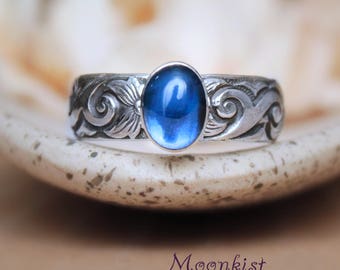 Blue Sapphire Promise Ring - Sterling Silver Sapphire Engagement Ring - Wide Scroll Wedding Ring - Gemstone Ring - September Birthstone Ring