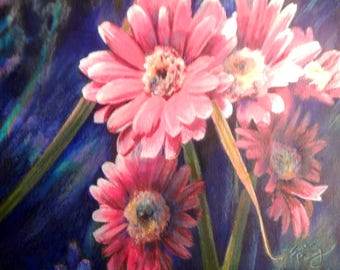 original art 12x12 color pencil drawing pink floral