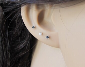 Tiny Sterling Silver 2mm Black CZ Stud Earrings, Cartilage Earring, tiny stud earrings,