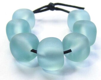 Faux sea glass lampwork bead set, curvy cube seaglass in pale blue / green