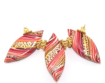 3- Rich orange gold Polymer Clay striped spike beads, leaf shaped beads, unique Marquise beads with gold, Ombre beads for Jewelry making