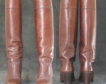 Women's Brown Leather Boots Stacked Hi Heel