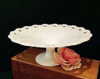 Vintage Anchor Hocking Pedestal Platter, Milk Glass Pedestal Fruit Bowl, Lace Edge