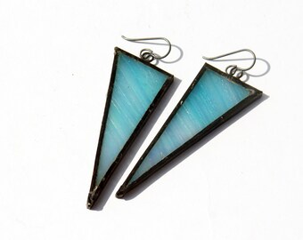 EARRINGS - Blue Iridescent Triangle Earrings - Stained Glass Earrings