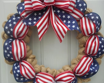 Patriotic burlap wreath Burlap Patriotic wreath Memorial day wreath July 4th wreath Stars n Stripes wreath Americana wreath RTS
