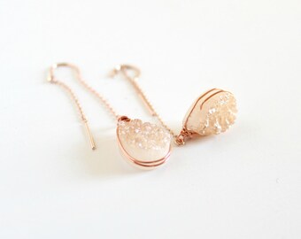 Champagne druzy earrings - champagne dangle earrings - threader earrings - duster earrings -chain earrings- pull through earrings -rose gold