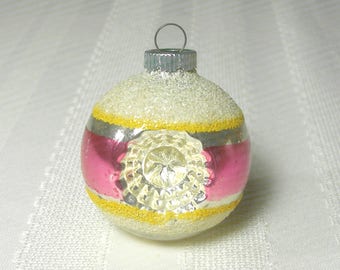 Shiny Brite Double Indent Ornament Heavy MICA Striped Vintage 1950s Retro Christmas Decoration Silver Magenta Pink Purple and Yellow Pretty