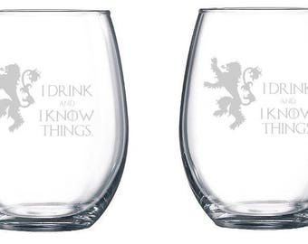 I Drink And I Know Things, Game of Thrones Wine Glasses, Tyrion Lannister, Set of 2 Etched Wine Glass, Personalized