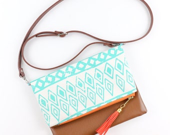 Boho Tassel Clutch in Turquoise and White Tribal Print with Tan Vegan Leather - Crossbody Bag