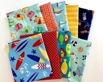 Kids Summer fabric Bundle of 9 Fat Quarters, 100% cotton fabric for Quilting and general sewing projects.
