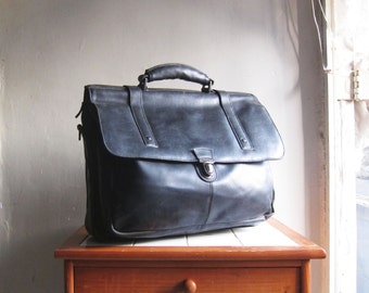 Vintage black leather satchel messenger bag briefcase