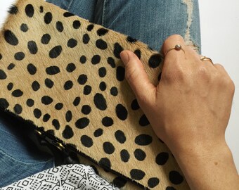 Cheetah print fold down clutch ~ Hair on hide leather
