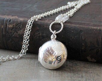Silver Photo Locket Necklace, Round Locket, April Birthstone Locket, Sterling Silver Locket Pendant Push Gift for Mom, Engraved Locket